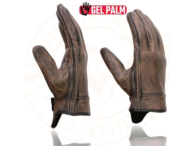 Men's Brown Leather Gel Padded Palm Short Wrist Motorcycle Hand Gloves