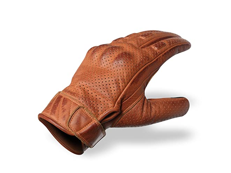 Men's Premium Waxed Austin Brown Leather Perforated Motorcycle Gloves