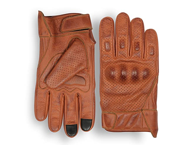 Men's Premium Waxed Austin Brown Leather Perforated Motorcycle Gloves